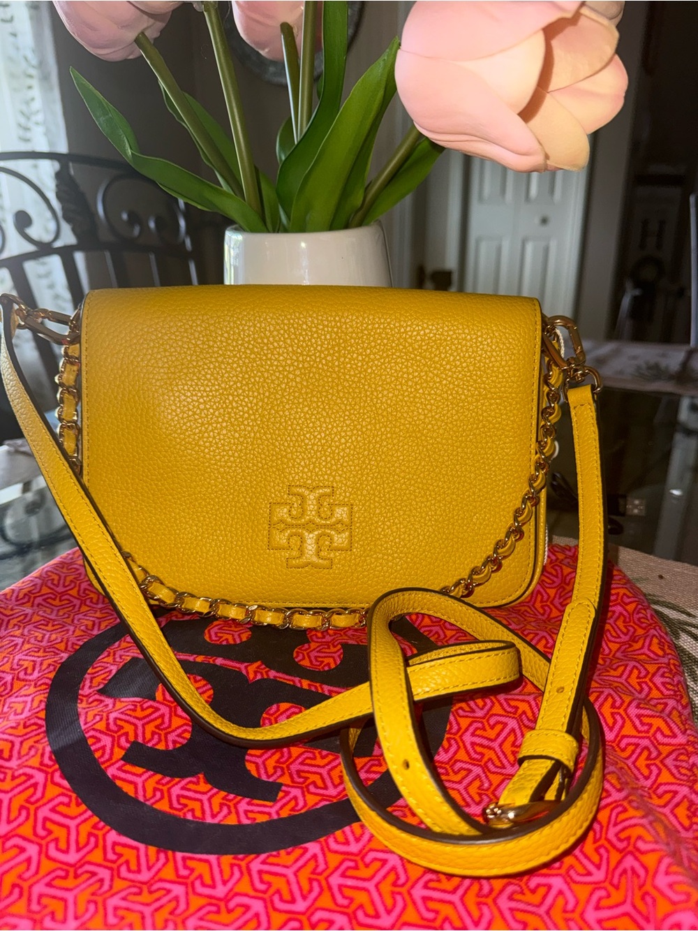 Tory Burch Mustard Yellow Pebbled Leather Crossbody with two straps